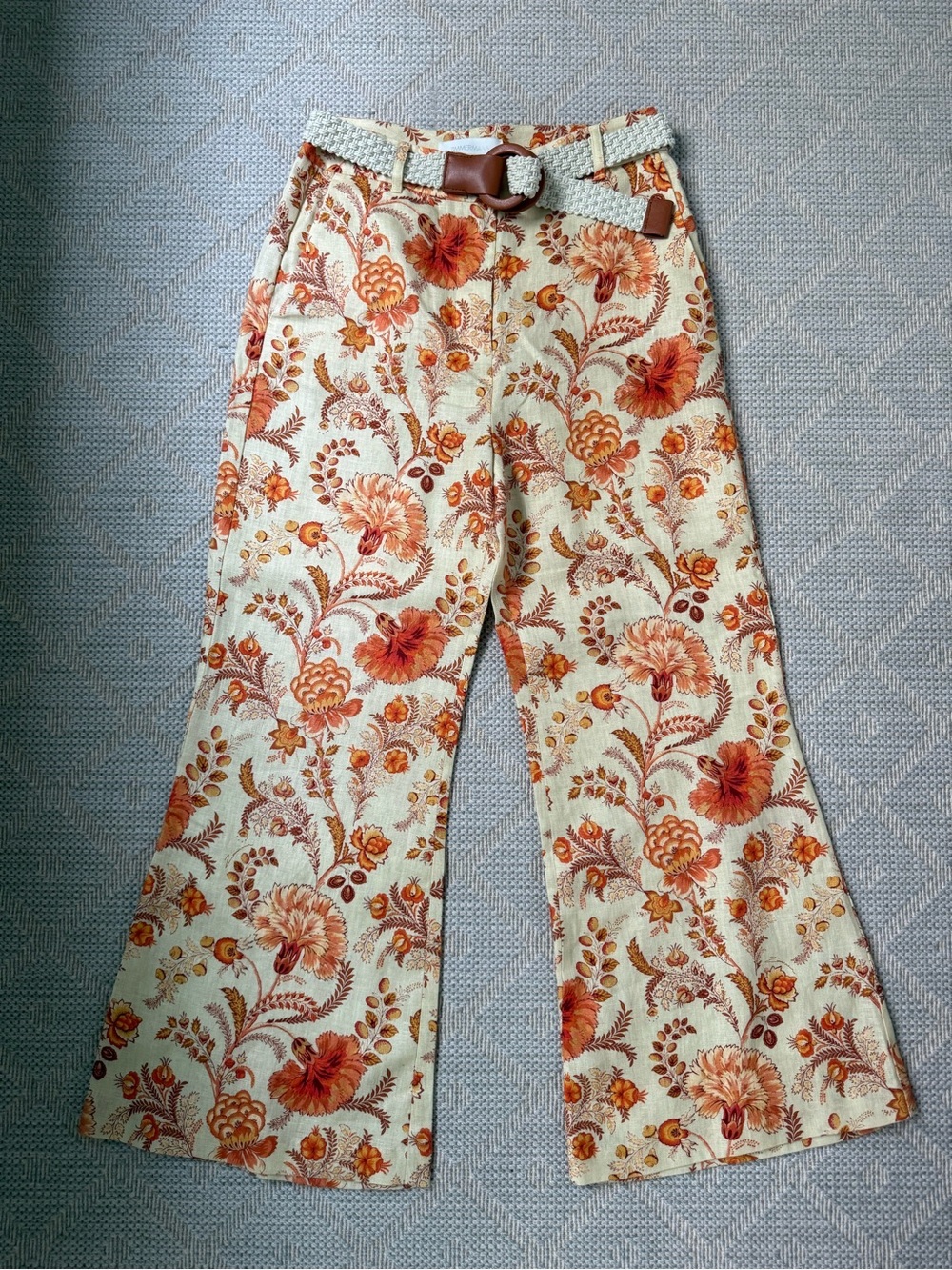 Zimmermann Cream Floral Linen Pants with Orange Blooms